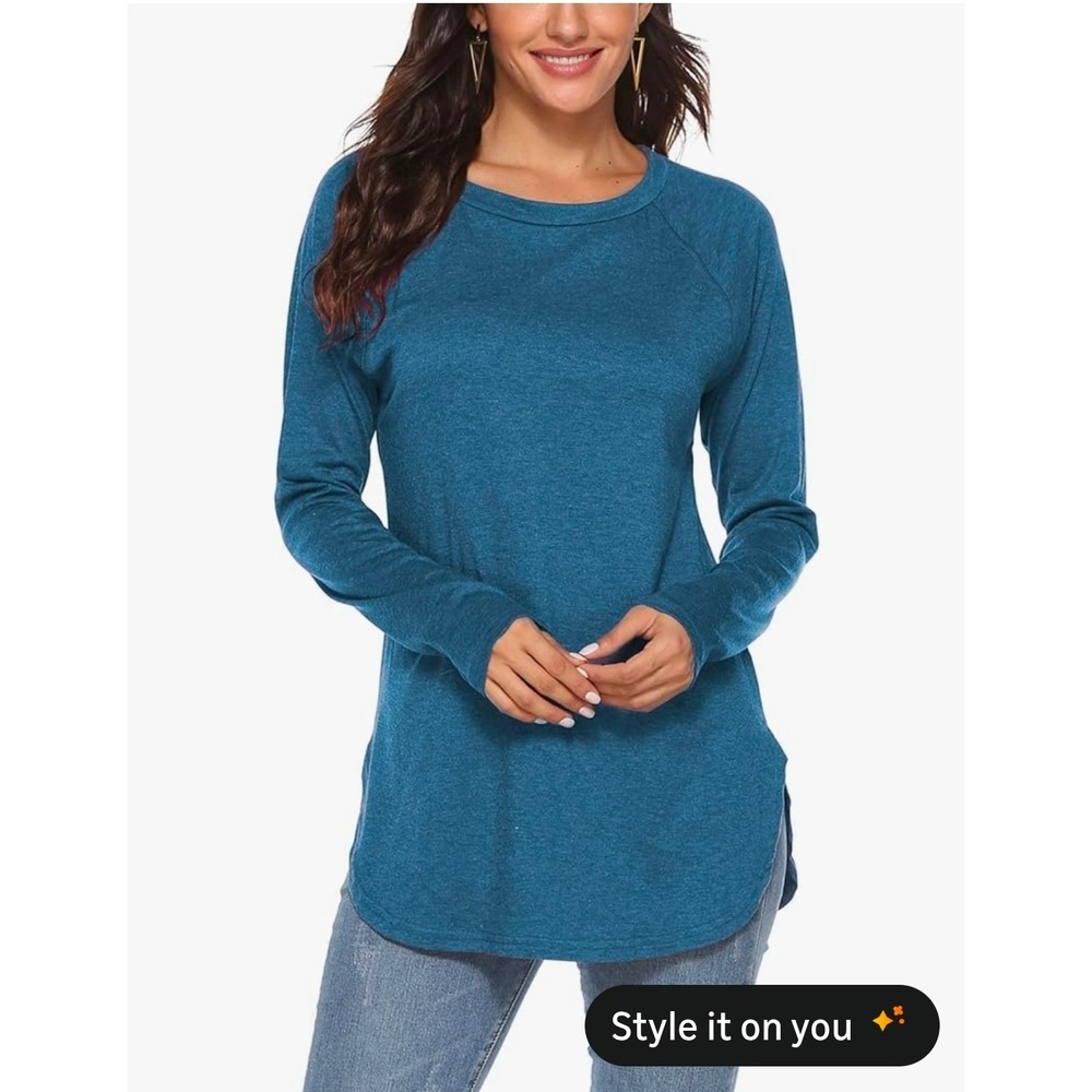 Newchoice Womens Blue Heathered Raglan Long Sleeve Tunic Top Curved Hem Large